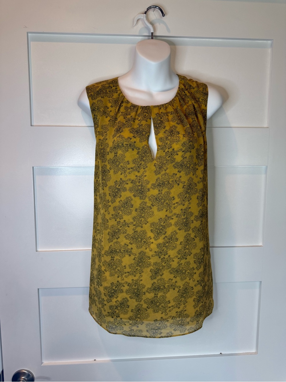 CAbi Mustard Yellow Paisley Sleeveless Keyhole Top